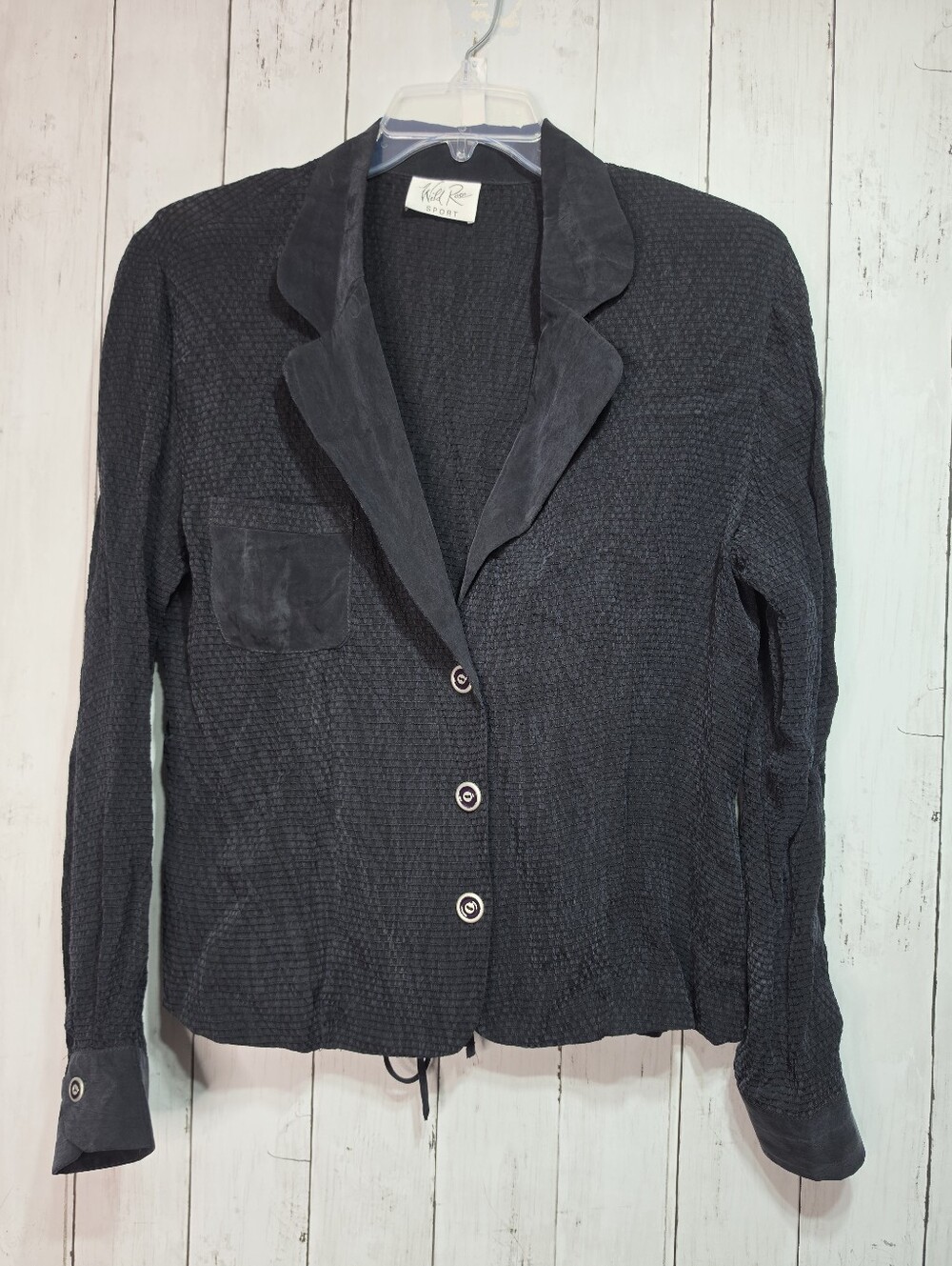Vintage Wild Rose Women's Black Rayon Textured Crinkle Smocked Blazer Size Large